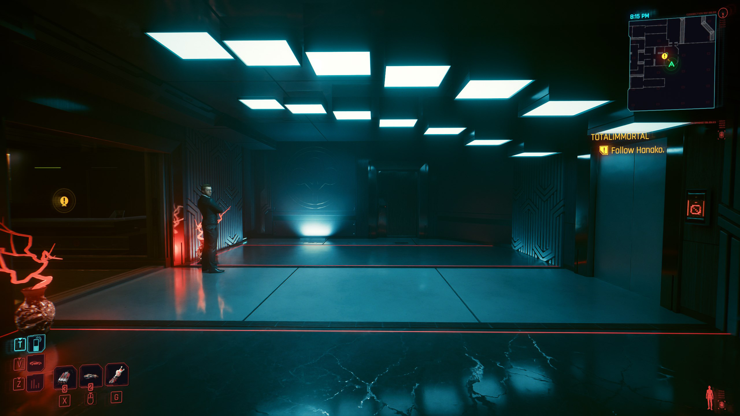 The second time we see the elevator room is in the ending sequence "TotalImmortal". The colors here are shifted from what we would expect for an exact replica. The room now takes on a teal and truer red color cast.